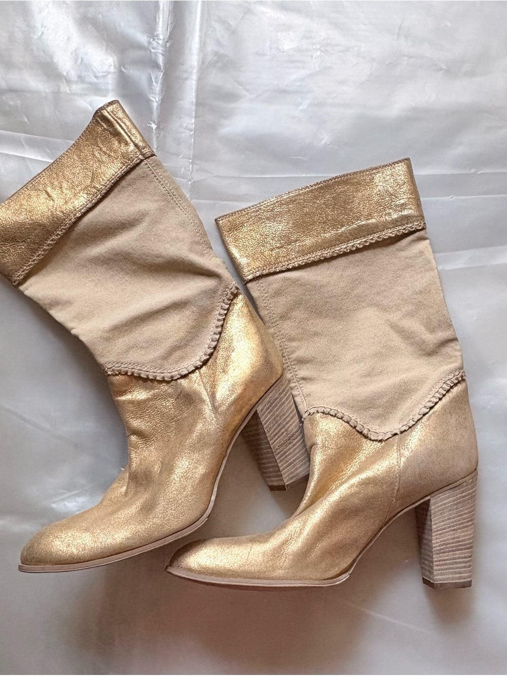 Metallic Gold & Cream Block Heel Mid-Calf Boots Boutique 58 made in Italy- vero